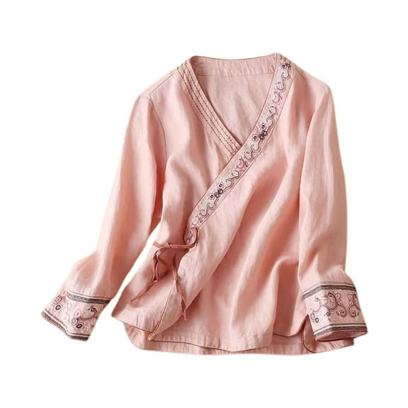 Krdevn Women's Ethnic Style Linen Embroidered Top Loose Fit Vintage Clothing,XL=3