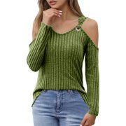 Krdevn Women's Fashionable Off Shoulder Ribbed Long Sleeve Top,Women's Tops, Tees & Blouses,SizeM