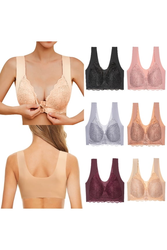 Women's Front Closure Lace Wireless Bra Seamless T Back Plus Size Comfort Support Bra for Large Bust,L