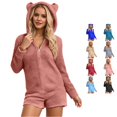 thumbnail image 1 of Krdevn Women's Fuzzy Fleece Romper Pajamas, Zip‑Up Hooded Onesie with Bear Ears Long Sleeve Short Jumpsuit Loungewear,Brick Red, 1 of 5