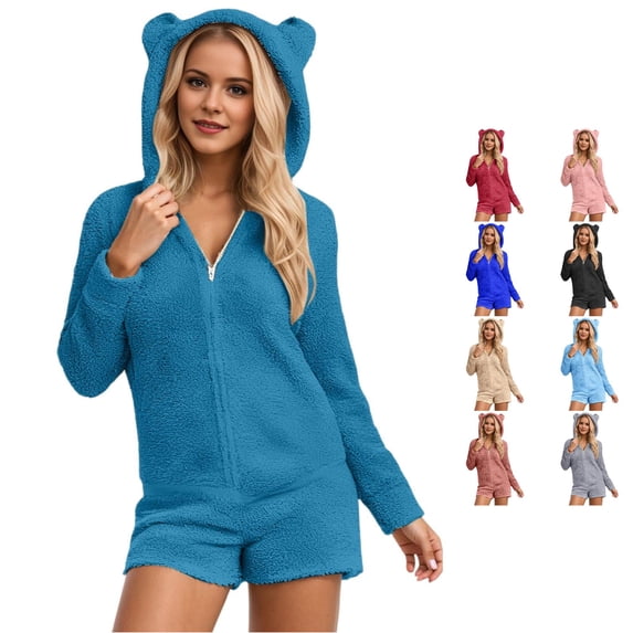Krdevn Women's Fuzzy Fleece Romper Pajamas, Zip‑Up Hooded Onesie with Bear Ears Long Sleeve Short Jumpsuit Loungewear,Navy