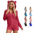 thumbnail image 1 of Krdevn Women's Fuzzy Fleece Romper Pajamas, Zip‑Up Hooded Onesie with Bear Ears Long Sleeve Short Jumpsuit Loungewear,Red, 1 of 5