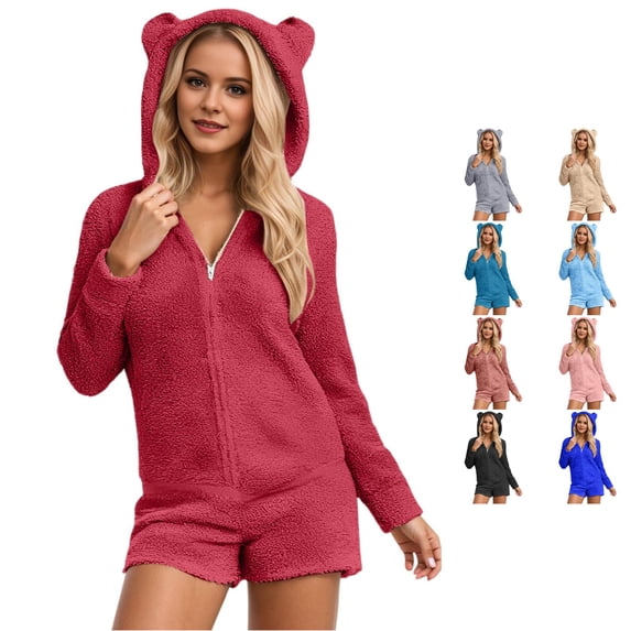 Krdevn Women's Fuzzy Fleece Romper Pajamas, Zip‑Up Hooded Onesie with Bear Ears Long Sleeve Short Jumpsuit Loungewear,Red