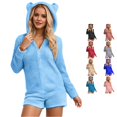 thumbnail image 1 of Krdevn Women's Fuzzy Fleece Romper Pajamas, Zip‑Up Hooded Onesie with Bear Ears Long Sleeve Short Jumpsuit Loungewear,Sky Blue, 1 of 5