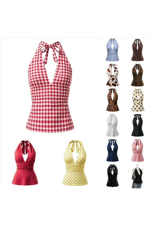 Krdevn Women's Gingham Halter Top Tie-Back V-Neck Sleeveless Peplum Blouse for Summer Wear,S