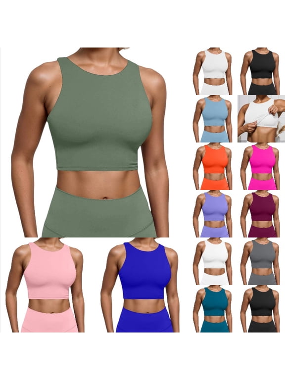 Krdevn Women's High-Neck Longline Sports Bra Built-In Support Crop Tank Top for Yoga & Gym,S
