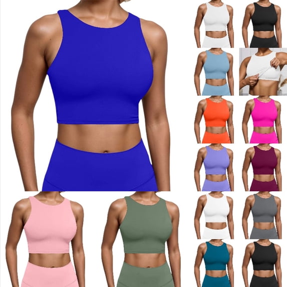 Krdevn Women's High-Neck Longline Sports Bra Built-In Support Crop Tank Top for Yoga & Gym,XL