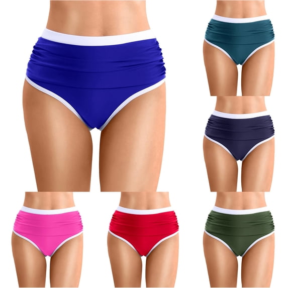 Krdevn Women's High Waist Ruched Bikini Bottoms High Cut Triangle Swimsuit Bottoms with Contrast ,5XL