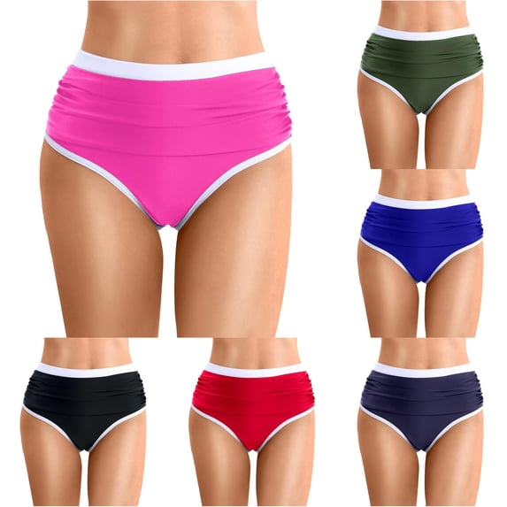 Krdevn Women's High Waist Ruched Bikini Bottoms High Cut Triangle Swimsuit Bottoms with Contrast ,5XL