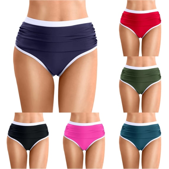 Krdevn Women's High Waist Ruched Bikini Bottoms High Cut Triangle Swimsuit Bottoms with Contrast ,5XL