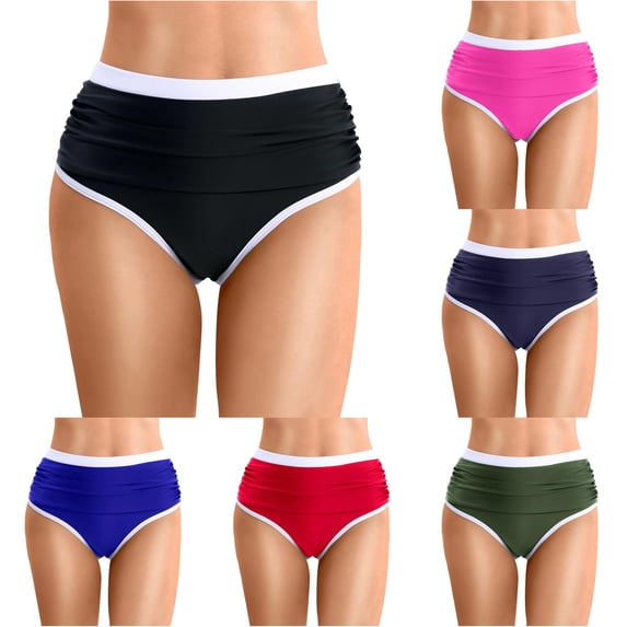 Krdevn Women's High Waist Ruched Bikini Bottoms High Cut Triangle Swimsuit Bottoms with Contrast ,L