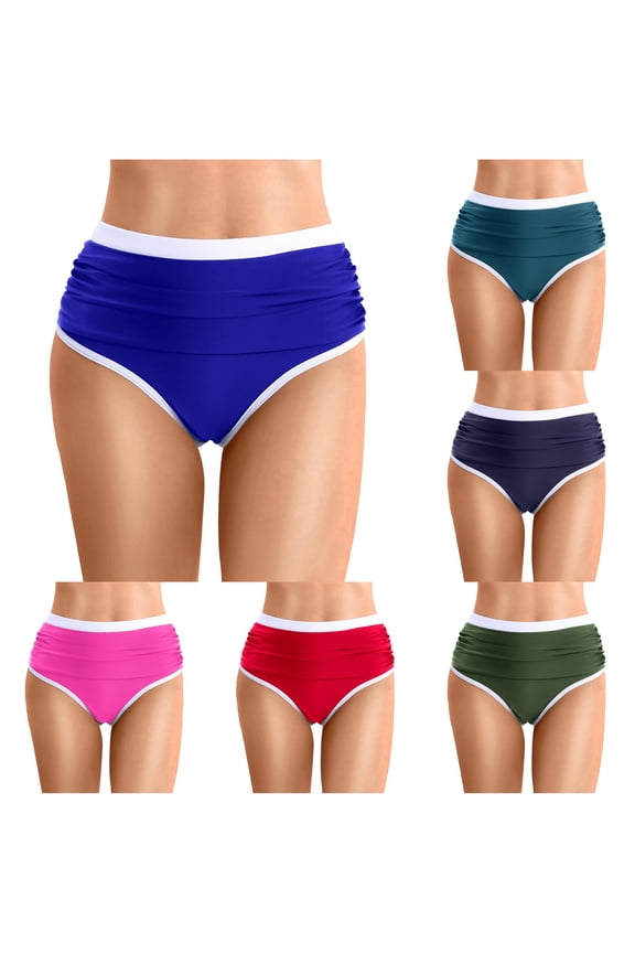 Women's High Waist Ruched Bikini Bottoms High Cut Triangle Swimsuit Bottoms with Contrast Trim,S