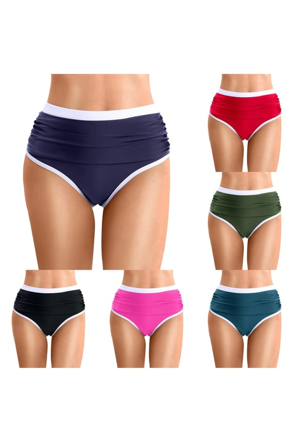 Women's High Waist Ruched Bikini Bottoms High Cut Triangle Swimsuit Bottoms with Contrast Trim,S