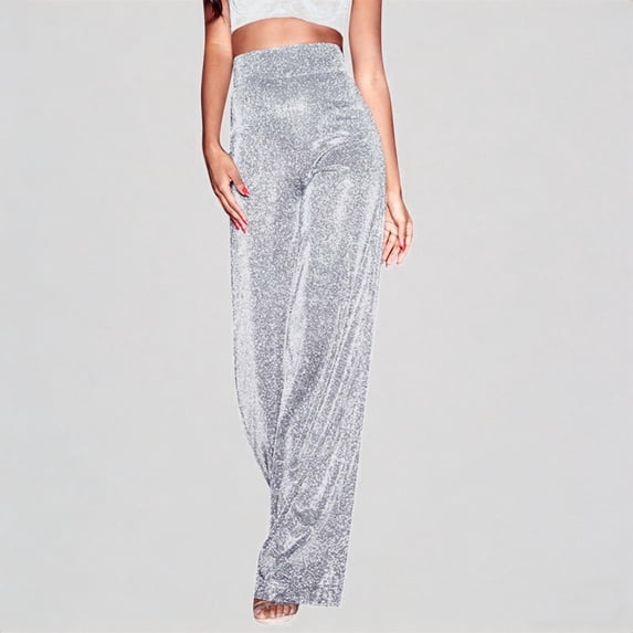 Krdevn Women's High Waist Sparkle Wide Leg Pants Stretchy Flowy Shiny Party Trousers,S