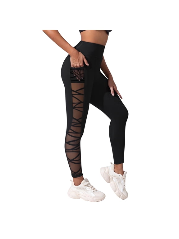 Krdevn Women's High Waisted Yoga Leggings, Side Pocket Mesh Workout Pants with Tummy Control, Squat Proof Activewear for Gym Running and Fitness,Size:S