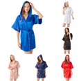 thumbnail image 1 of Krdevn Women's Hooded Satin Robe, Short Sleeve Open‑Front Bathrobe Lightweight Kimono Loungewear for Summer,Blue, 1 of 5