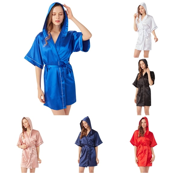 Krdevn Women's Hooded Satin Robe, Short Sleeve Open‑Front Bathrobe Lightweight Kimono Loungewear for Summer,Blue