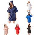 thumbnail image 1 of Krdevn Women's Hooded Satin Robe, Short Sleeve Open‑Front Bathrobe Lightweight Kimono Loungewear for Summer,Navy, 1 of 5