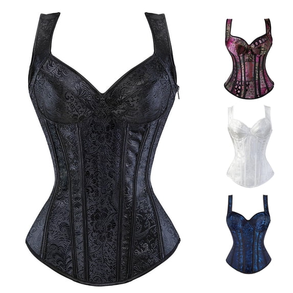 Krdevn Women's Jacquard Corset with Shoulder Straps, Side Zipper Back Lace Up Boned Bustier, Retro Waist Cincher Support Shapewear Top,Black