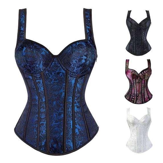 Krdevn Women's Jacquard Corset with Shoulder Straps, Side Zipper Back Lace Up Boned Bustier, Retro Waist Cincher Support Shapewear Top,Blue