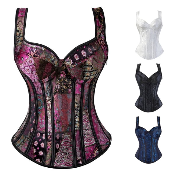 Krdevn Women's Jacquard Corset with Shoulder Straps, Side Zipper Back Lace Up Boned Bustier, Retro Waist Cincher Support Shapewear Top,Purple
