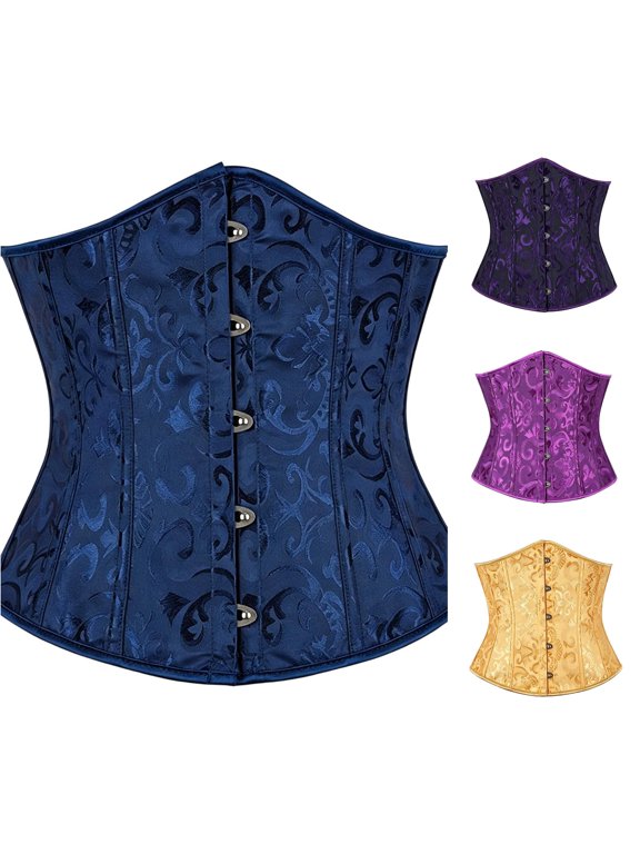 Krdevn Women's Jacquard Underbust Corset, Front Busk Boned Waist Cincher, Retro Waist Trainer Bustier for Dress Layering Party,Dark Blue