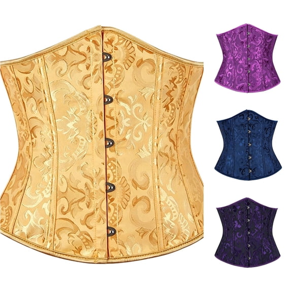Krdevn Women's Jacquard Underbust Corset, Front Busk Boned Waist Cincher, Retro Waist Trainer Bustier for Dress Layering Party,Gold