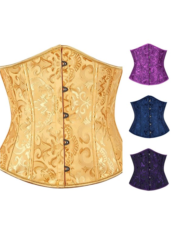 Krdevn Women's Jacquard Underbust Corset, Front Busk Boned Waist Cincher, Retro Waist Trainer Bustier for Dress Layering Party,Gold
