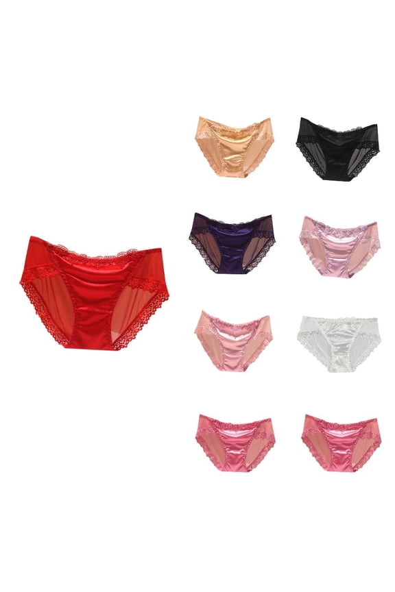 Krdevn Women's Lace Trim Sheer Mesh Briefs Transparent Satin & Lace Underwear Soft Comfortable Triangle Panties,L