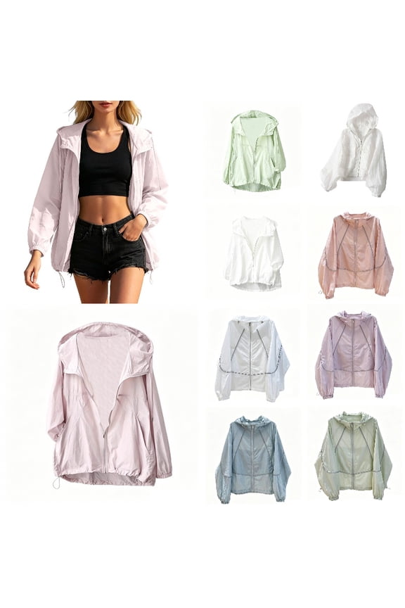 Women's Lightweight Hooded Sun Protection Jacket Full Zip Casual Windbreaker with Pockets,M