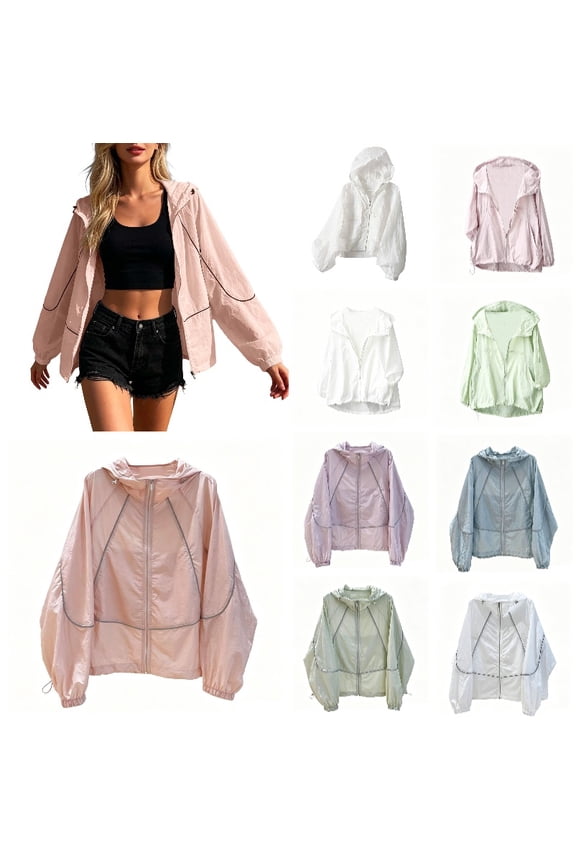 Women's Lightweight Hooded Sun Protection Jacket Full Zip Casual Windbreaker with Pockets,XXL