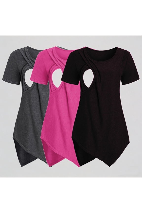 Women's Maternity Nursing Tops Short Sleeve Crew Neck Solid Asymmetrical Hem Breastfeeding T-Shirts 3 Pack,XXL
