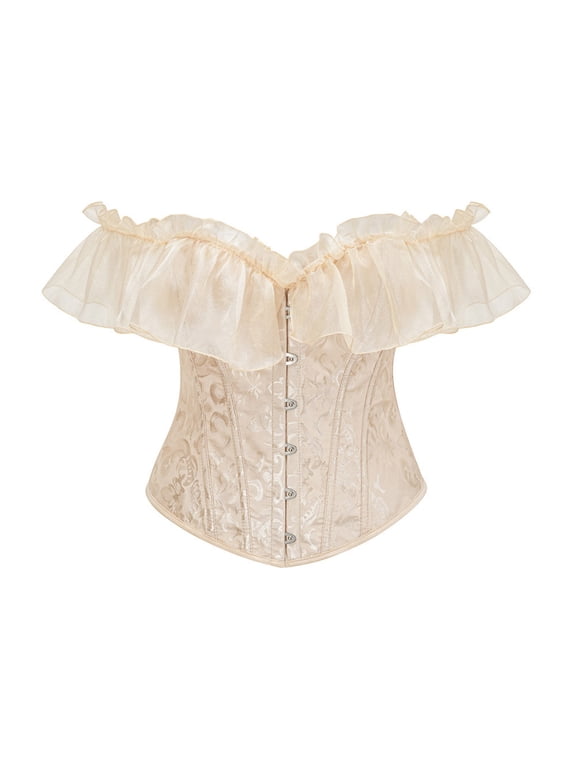 Krdevn Women's Off Shoulder Ruffle Sleeve Jacquard Corset, Front Busk Back Lace Up Boned Bustier, Retro Waist Cincher Fashion Top,Beige