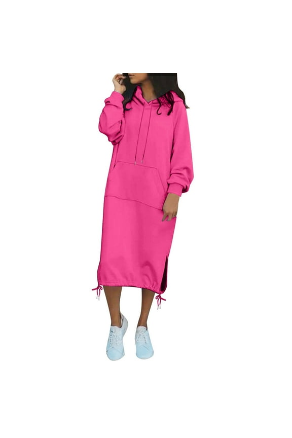 Women's Oversized Hooded Sweater Dress - 380gsm Mid-Length with Side Slits & Pockets for Winter, Size for S