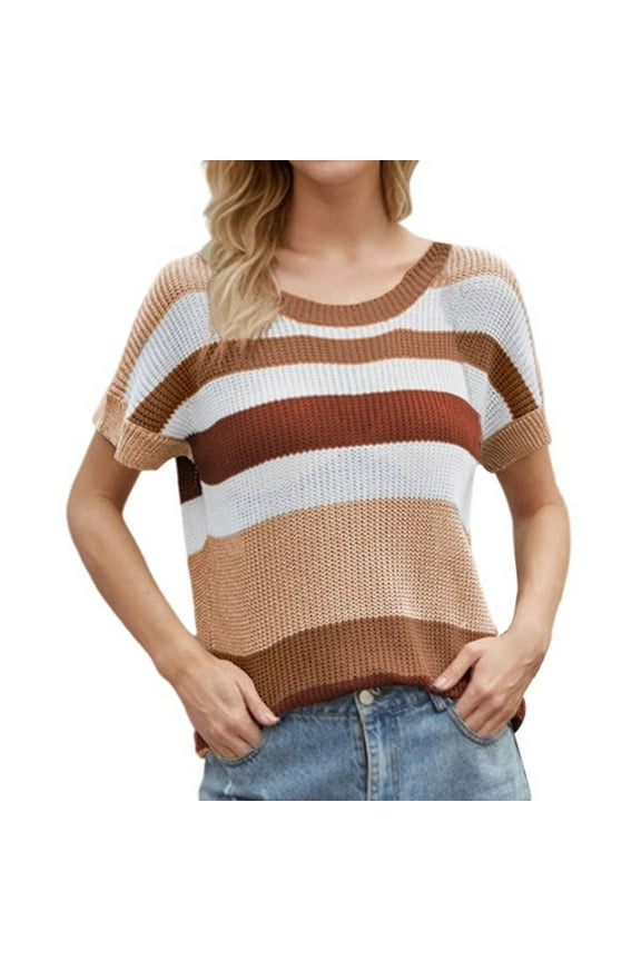 Women's Plus Size Loose Rainbow Striped Short Sleeve Knit Sweater,Women's Tops, Tees & Blouses,Size:M