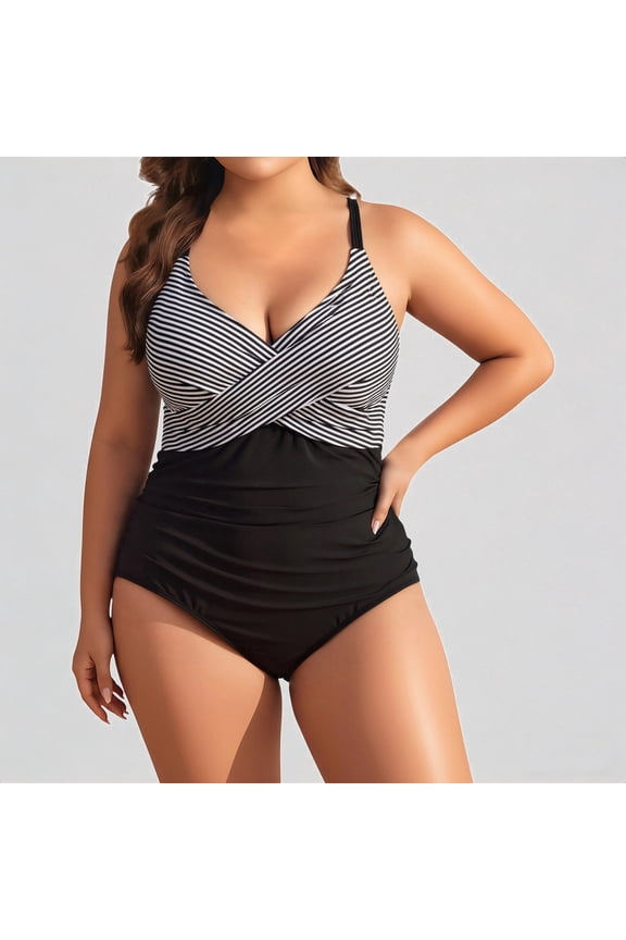 Women's Plus Size One Piece Swimsuit Cross Front Tummy Control Full Coverage Retro Bathing Suit,XL