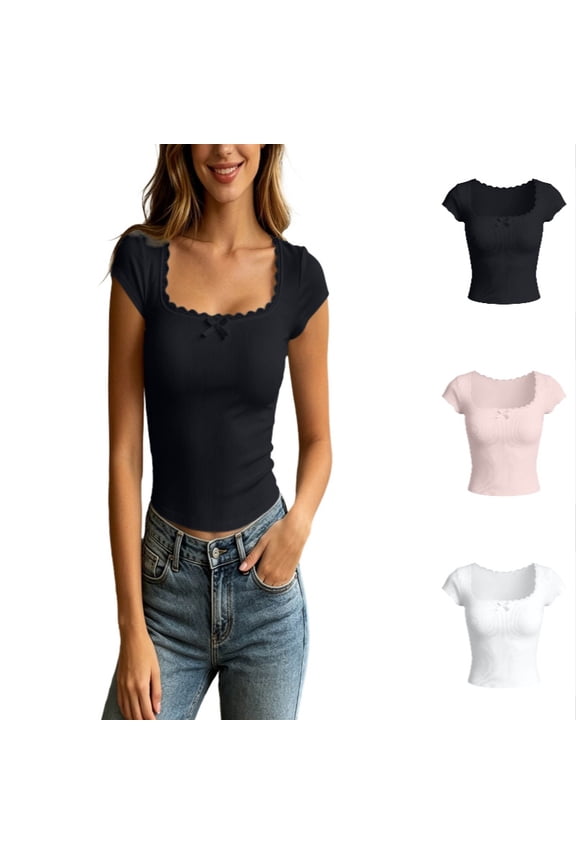 Women's Ribbed Cropped Top Short Sleeve Lace Trim Square Neck Casual Form Fitted T Shirt