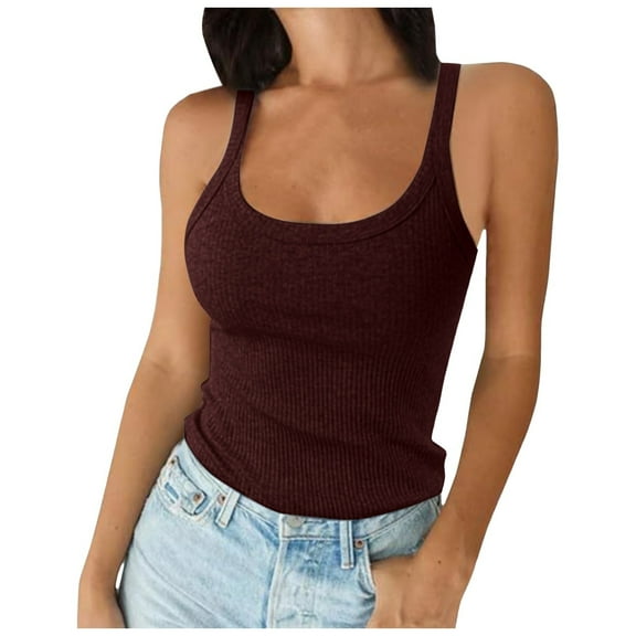 Krdevn Women's Ribbed Tank Top Spaghetti Strap Scoop Neck Slim Fit Cotton Cami Sleeveless Basic Layering Shirt,Color: Brick Red Size: XS
