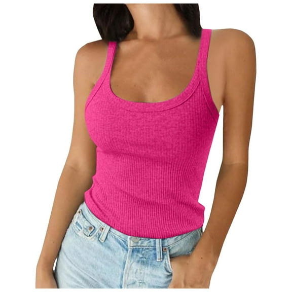 Krdevn Women's Ribbed Tank Top Spaghetti Strap Scoop Neck Slim Fit Cotton Cami Sleeveless Basic Layering Shirt,Color: Hot Pink Size: M