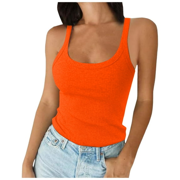 Krdevn Women's Ribbed Tank Top Spaghetti Strap Scoop Neck Slim Fit Cotton Cami Sleeveless Basic Layering Shirt,Color: Orange Size: L