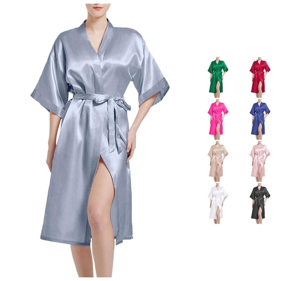 Krdevn Women's Satin Kimono Robe, Lightweight Open Front Bridal Getting Ready Robe for Wedding Party Loungewear,Grey