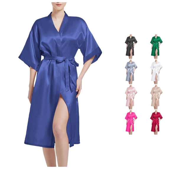 Krdevn Women's Satin Kimono Robe, Lightweight Open Front Bridal Getting Ready Robe for Wedding Party Loungewear,Navy