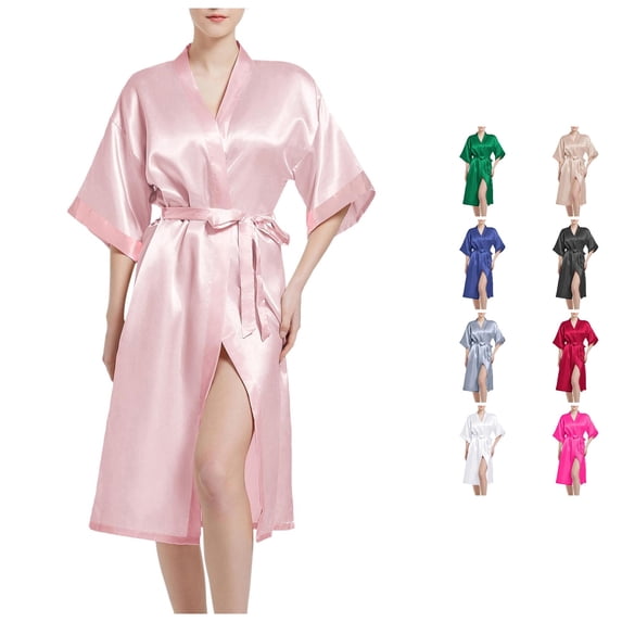 Krdevn Women's Satin Kimono Robe, Lightweight Open Front Bridal Getting Ready Robe for Wedding Party Loungewear,Pink