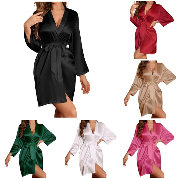 Krdevn Women's Satin Robe, French Style Long Sleeve Lightweight Kimono Bathrobe for Home Loungewear,Black