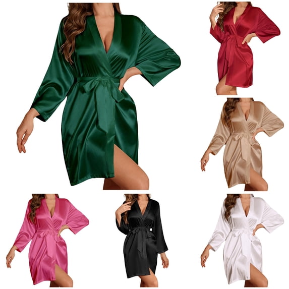 Krdevn Women's Satin Robe, French Style Long Sleeve Lightweight Kimono Bathrobe for Home Loungewear,Dark Green