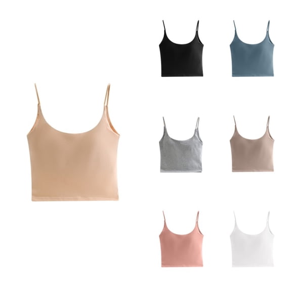 Krdevn Women's Seamless Built-In Bra Crop Camisole Wireless Adjustable Spaghetti Strap Tank Top,L