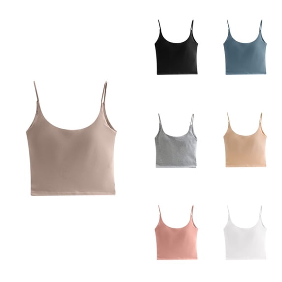 Krdevn Women's Seamless Built-In Bra Crop Camisole Wireless Adjustable Spaghetti Strap Tank Top,M
