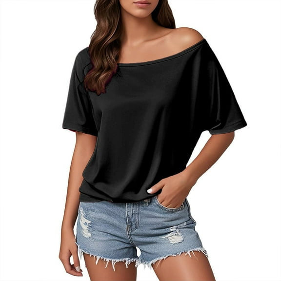 Krdevn Women's Off Shoulder T Shirt Basic Casual Pure Color Top for Spring Summer Daily Wear with Jeans Comfortable Soft Stretch Fabric,Women's Tops, Tees & Blouses,Size:S