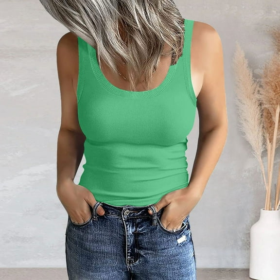 Krdevn Women's Sleeveless Scoop Neck Ribbed Tank Tops Fitted Basic Cami Tee Shirts(Color:Green,Size:S)