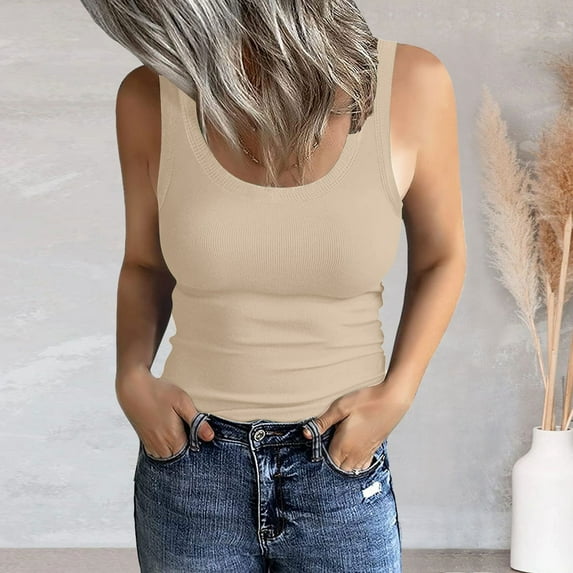 Krdevn Women's Sleeveless Scoop Neck Ribbed Tank Tops Fitted Basic Cami Tee Shirts(Color:Khaki,Size:L)